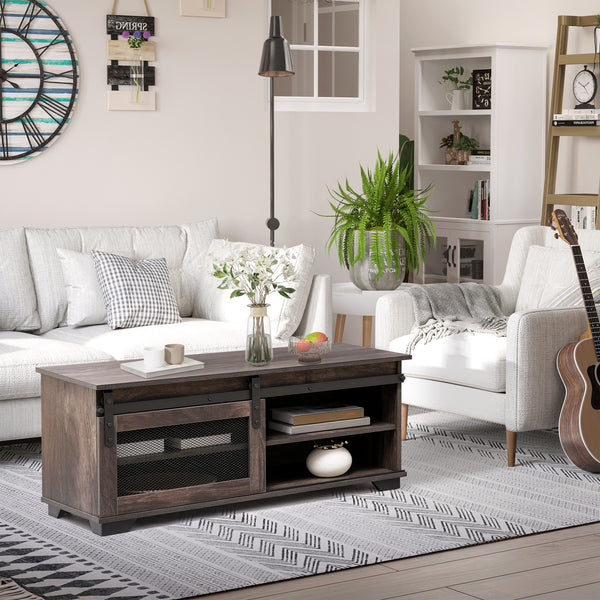 Table basse de style campagnard avec porte coulissante en maille, marron foncé