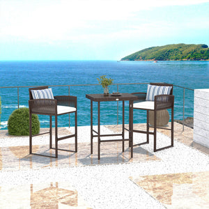 Ensemble de bar 3 pièces en osier avec table et chaises de bar équipées de coussins confortables