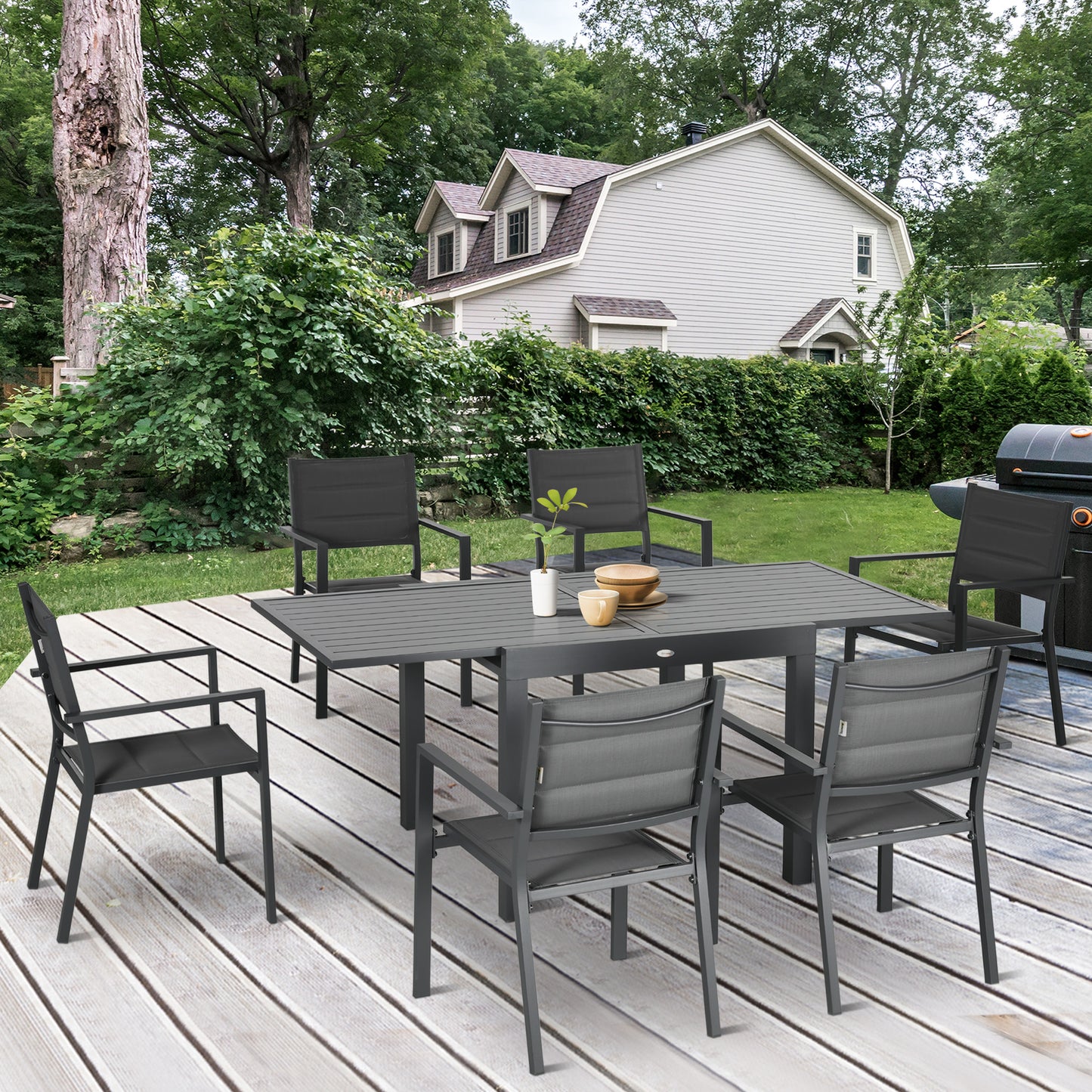 Ensemble de salle à manger extérieur 7 pièces pour 6 personnes avec table extensible en aluminium et chaises empilables à dossier haut, gris foncé