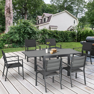 Ensemble de salle à manger extérieur 7 pièces pour 6 personnes avec table extensible en aluminium et chaises empilables à dossier haut, gris foncé