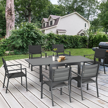 Ensemble de salle à manger extérieur 7 pièces pour 6 personnes avec table extensible en aluminium et chaises empilables à dossier haut, gris foncé