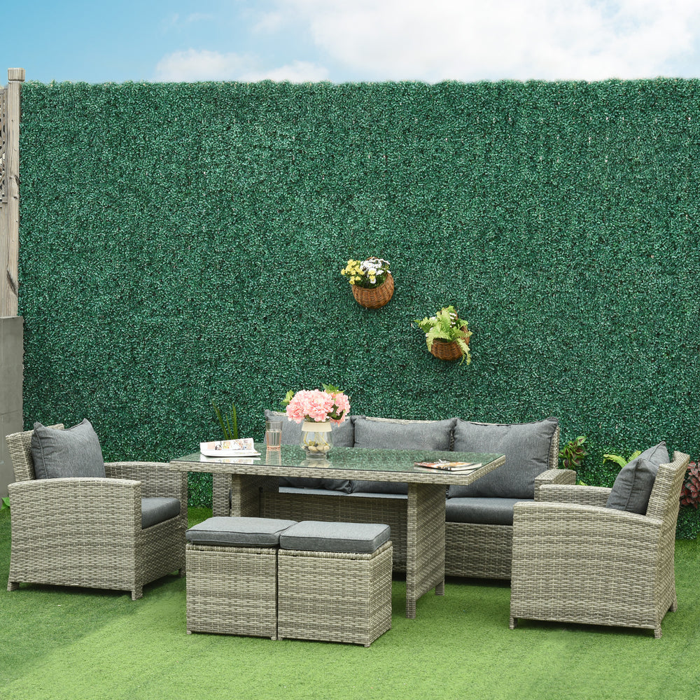 Ensemble de meubles de jardin 6 pièces en rotin tressé gris clair avec canapé 3 places, fauteuils, repose-pieds et table basse, idéal pour terrasse ou patio