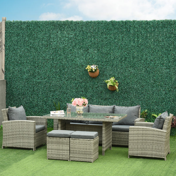 Ensemble de meubles de jardin 6 pièces en rotin tressé gris clair avec canapé 3 places, fauteuils, repose-pieds et table basse, idéal pour terrasse ou patio