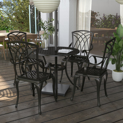 Ensemble de salle à manger d’extérieur 5 pièces en fonte d’aluminium marron avec table, 4 chaises et trou pour parasol – mobilier de patio élégant et résistant