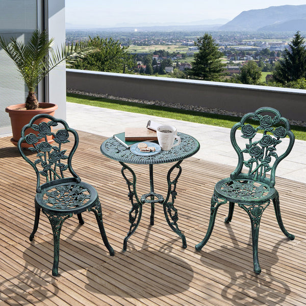 Ensemble table et chaises de bistrot de patio 3 pièces en vert antique, idéal pour jardin et terrasse