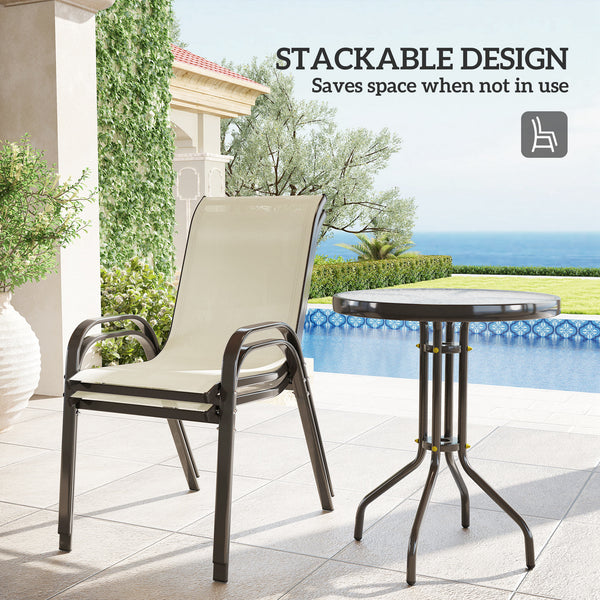 3 Pieces Bistro Set, Small Patio Furniture Set with Stackable Mesh Chairs, Glass Table for Garden, Balcony, Beige