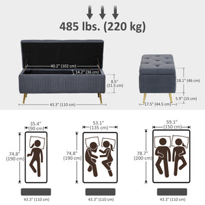 Banc coffre de rangement avec pieds en acier, assise rembourrée et repose-pieds, gris foncé
