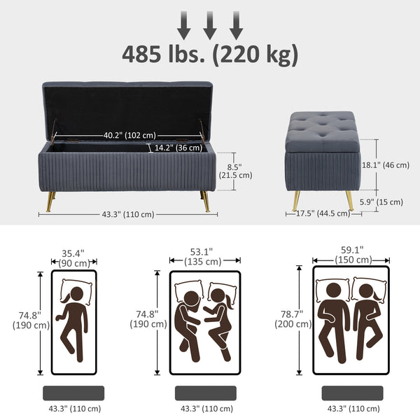 Banc coffre de rangement avec pieds en acier, assise rembourrée et repose-pieds, gris foncé