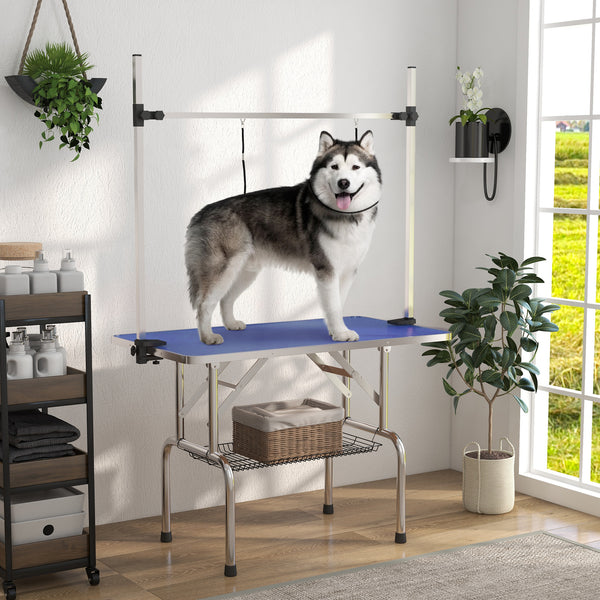 Adjustable Dog Grooming Table with 2 Safety Straps and Storage Basket, Blue