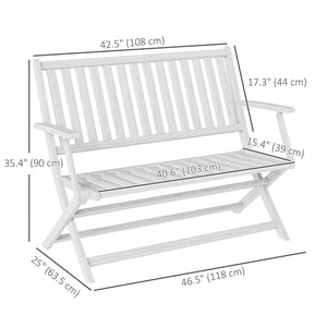 Banc d'extérieur pliable en bois avec dossier et accoudoirs, blanc