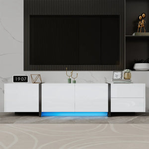 Meuble TV moderne avec finition brillante, grand espace de rangement avec tiroirs et armoires, blanc