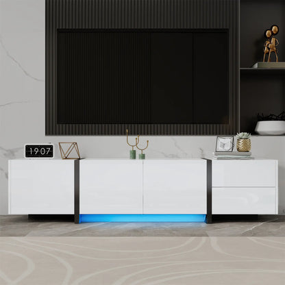 Meuble TV moderne avec finition brillante, grand espace de rangement avec tiroirs et armoires, blanc
