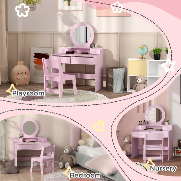 Coiffeuse avec miroir, tabouret et tiroirs de rangement, rose