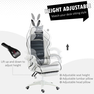 PU leather gaming chair with footrest, headrest and lumbar support, white and black
