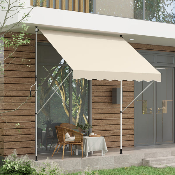 10x5ft Manual Retractable Awning, Patio Sun Shade Canopy Shelter with 5.6-9.2ft Support Pole, Water Resistant UV Protector, for Window, Door, Porch, Deck, Beige