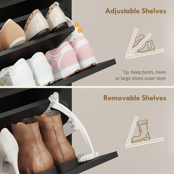 Shoe cabinet with 4 tip-up drawers, country style, narrow, holds up to 24 pairs, black