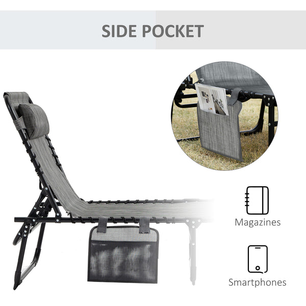 Chaise longue pliante avec dossier réglable et coussin amovible, gris chiné