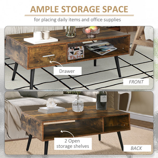 Table basse rétro avec étagère de rangement et tiroir, marron rustique
