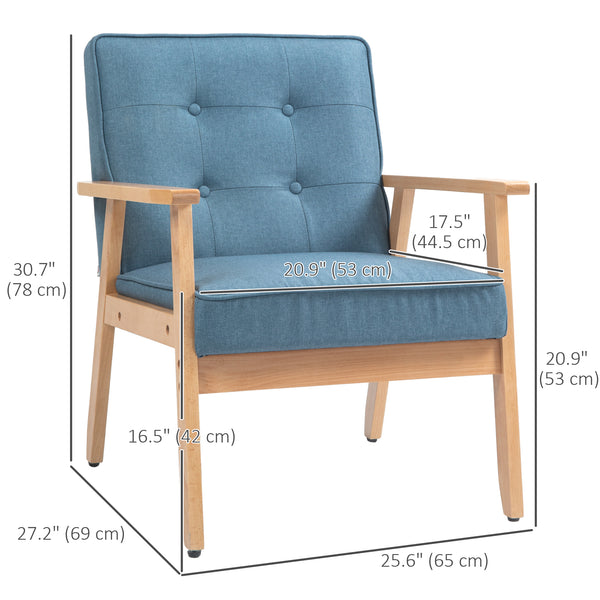 Fauteuil d'appoint moderne en tissu avec dossier capitonné et pieds en bois, bleu