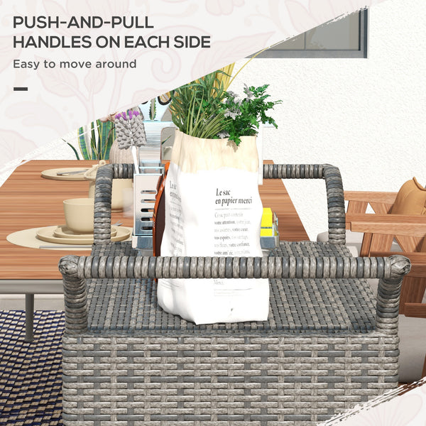 Chariot de service de jardin en résine tressée PE avec étagère à 2 niveaux, gris chiné