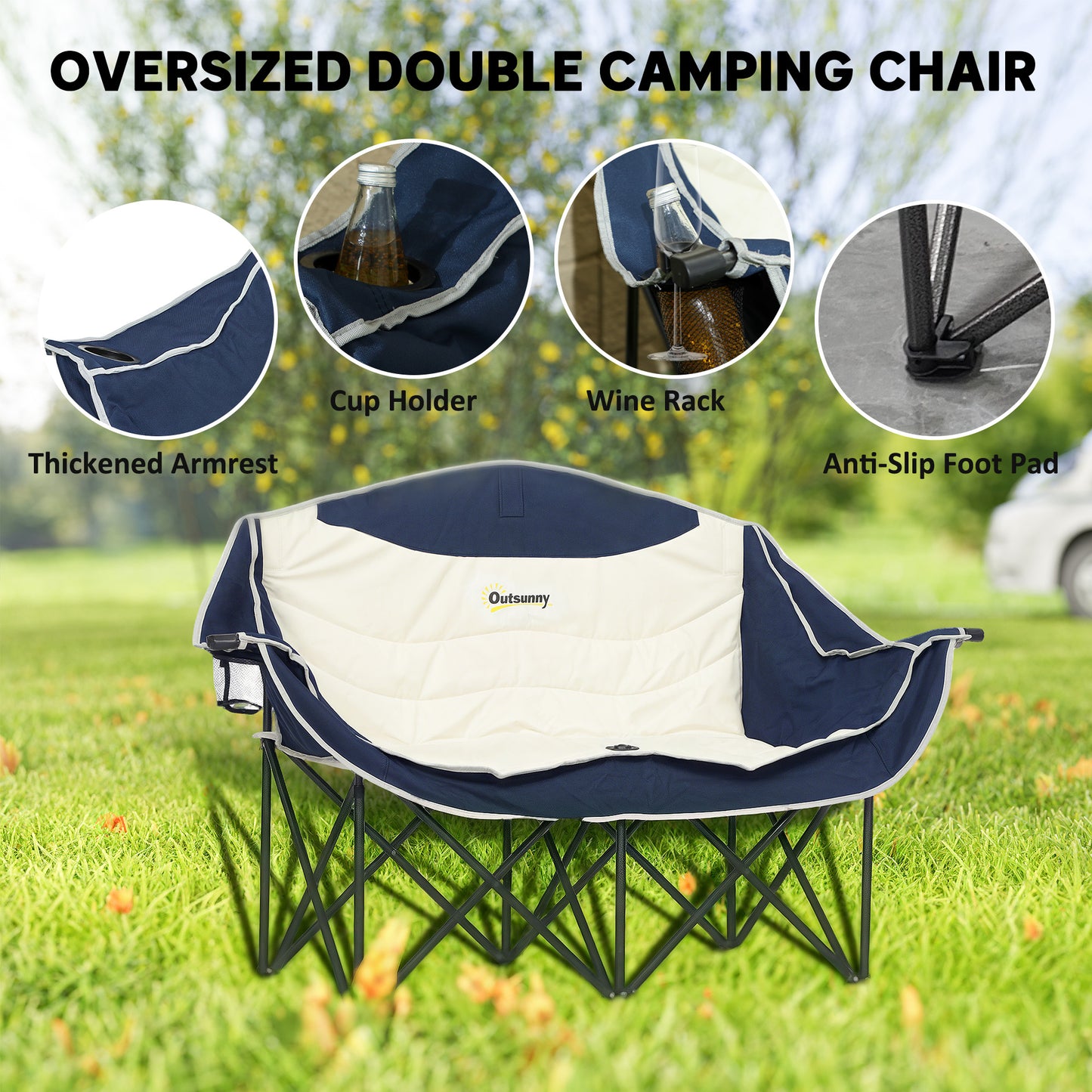 Outsunny Portable Camping Chair, Double Camping Chair with Cup Holders and Carry Bag, Load Capacity: 250kg, Navy Blue