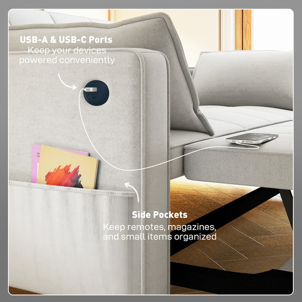 3-in-1 Convertible Sofa Bed, Pull Out Sleeper Sofa with USB Charging, Adjustable Backrest, Side Pockets, Beige
