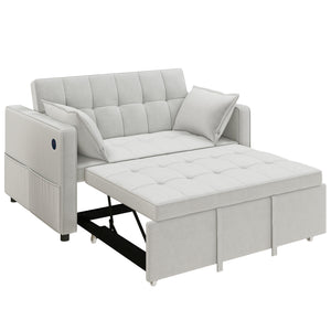 3-in-1 Convertible Sofa Bed, Pull Out Sleeper Sofa with USB Charging, Adjustable Backrest, Side Pockets, Beige