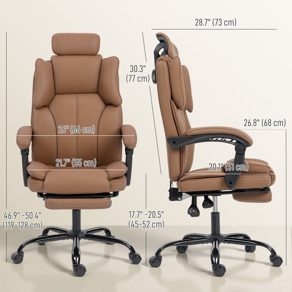 Reclining office chair with pet-friendly fabric upholstery, headrest, footrest, and swivel casters, brown