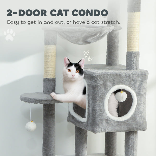 65-inch Cat Tree with 2 Doors, Plush Perch, Hammock, Sisal Scratching Posts, Grey