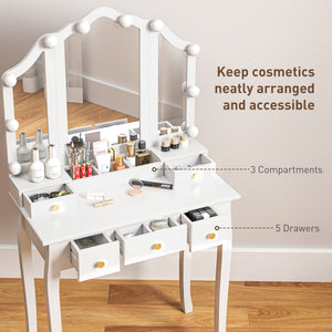 Coiffeuse avec tabouret, 10 lumières LED, 5 tiroirs et 3 compartiments, blanc