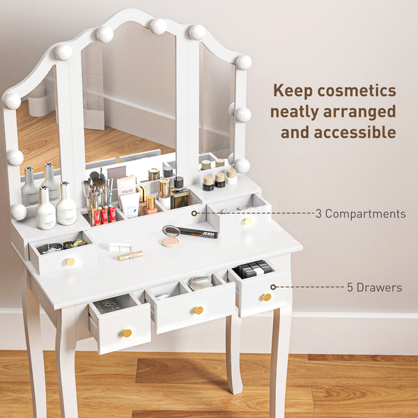 Coiffeuse avec tabouret, 10 lumières LED, 5 tiroirs et 3 compartiments, blanc