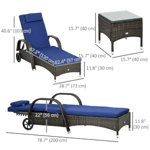 Chaise longue à roulettes en osier et table avec plateau en verre trempé, bleu foncé