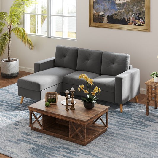 Sectional Sofa with Reversible Chaise Lounge, Wooden Legs for Living Room, Bedroom, Dark Gray