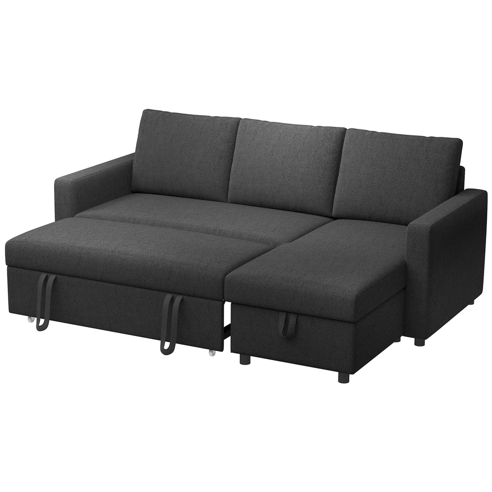 Convertible Corner Sofa Bed, Built-In Storage & 3 Removable Back Cushions, Black