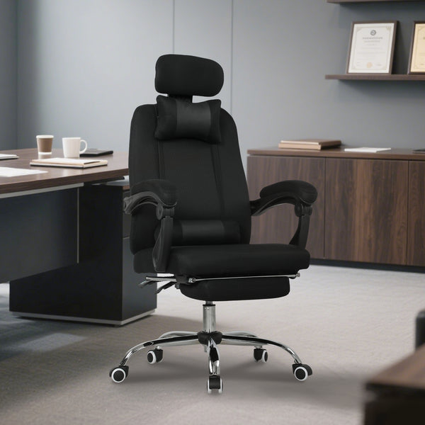 Fauteuil de bureau ergonomique à dossier haut avec repose-pieds et soutien lombaire, noire