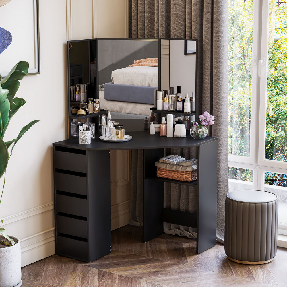 Coiffeuse d'angle avec 5 tiroirs et étagères ouvertes, miroir 3 pièces, noire