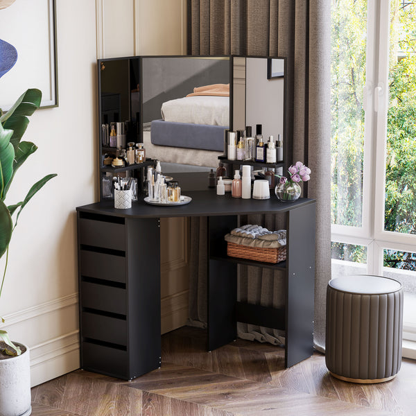 Coiffeuse d'angle avec 5 tiroirs et étagères ouvertes, miroir 3 pièces, noire