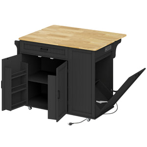 Portable kitchen island with charging station, fold-down rubberwood tabletop, waste storage, black