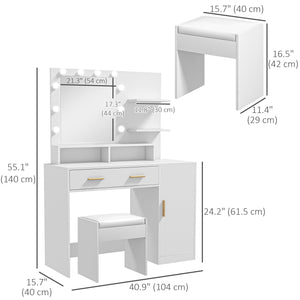 Coiffeuse lumineuse à LED avec tabouret, tiroir et étagères, blanche