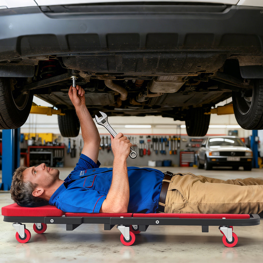 Chariot de mécanicien roulant 2 en 1 avec coussin, 6 roues, rouge