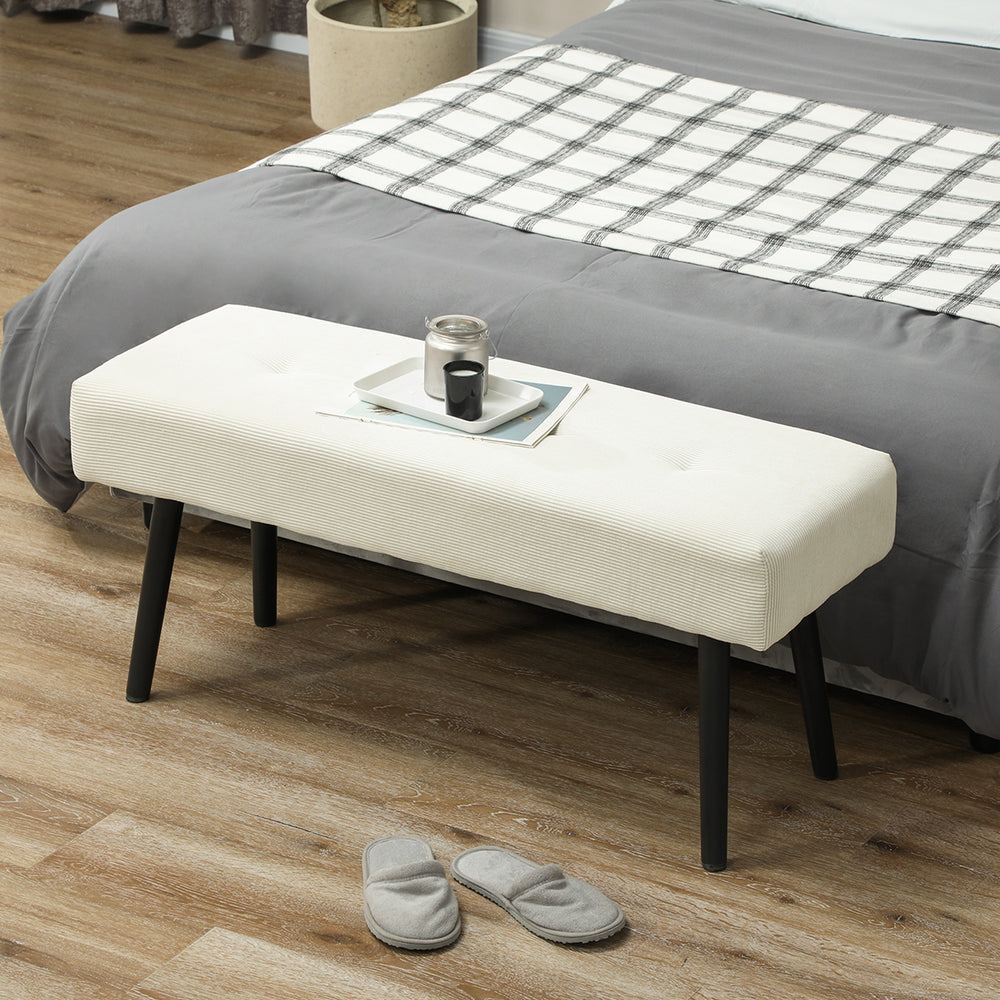 Banc ottoman rembourré en velours côtelé avec pieds en acier, blanc crème
