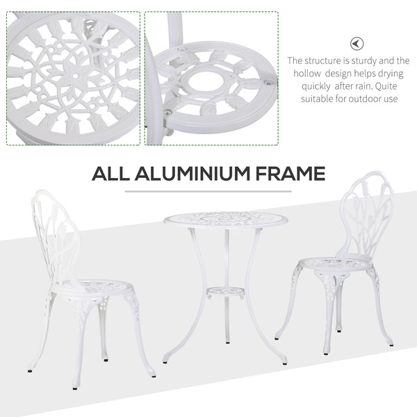 3 Pieces Patio Bistro Set, Outdoor Cast Aluminum Garden Table and Chairs with Umbrella Hole for Balcony, White
