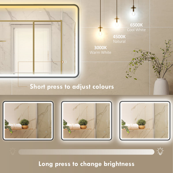 Bathroom mirror with LED lighting, wall-mounted, 3 colors, dimmable, horizontal/vertical format, black