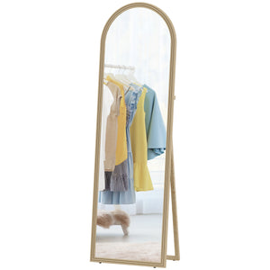 Full length arched floor mirror with faux stone frame, beige