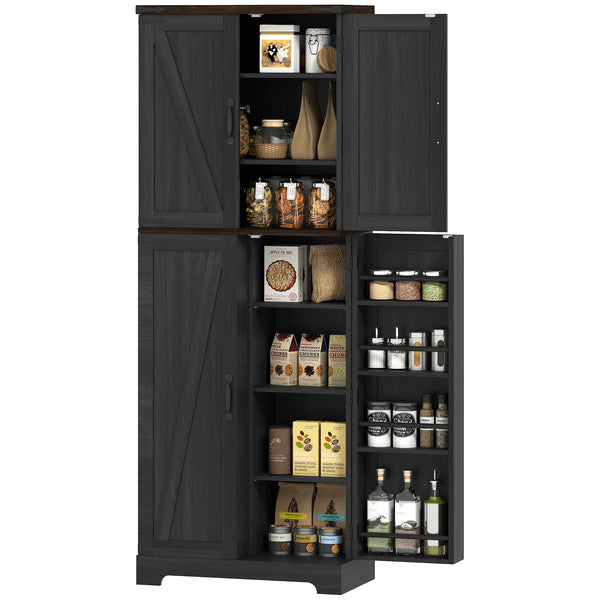 Armoire de cuisine avec étagères à épices et étagères réglables, finition bois noir.