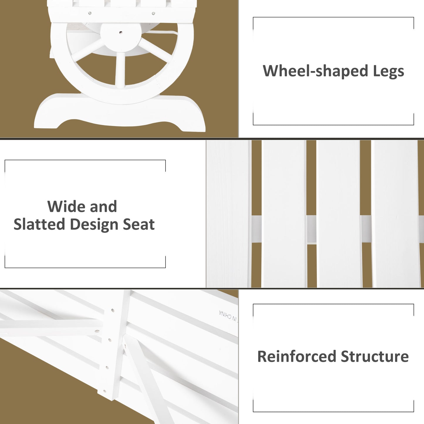 Outsunny Rustic Wood Wheel Outdoor Garden Bench for 2-Person with a Unique Wheel Design on the Legs &amp; Strong Build, White |