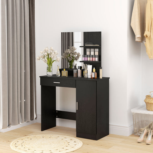 Coiffeuse avec miroir, tiroir, compartiment ouvert et étagères, noir