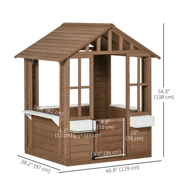 Maisonnette de jeux en bois avec cache-pot, porte et fenêtres fonctionnelles, marron