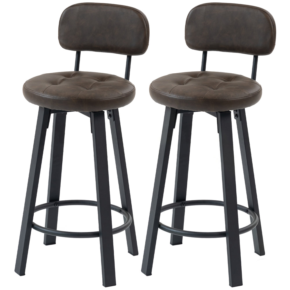 Set of 2 Upholstered Bar Stools with Footrests and Backrests for Kitchen Counter, Brown