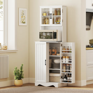 Armoire garde-manger blanche avec portes vitrées, 8 tablettes de porte et espace pour cafetière